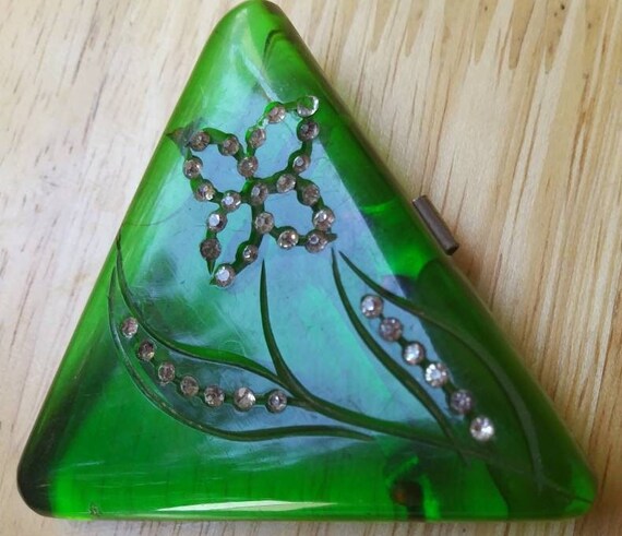 Bakelite Green and Rhinestone Vintage Belt Buckle… - image 6