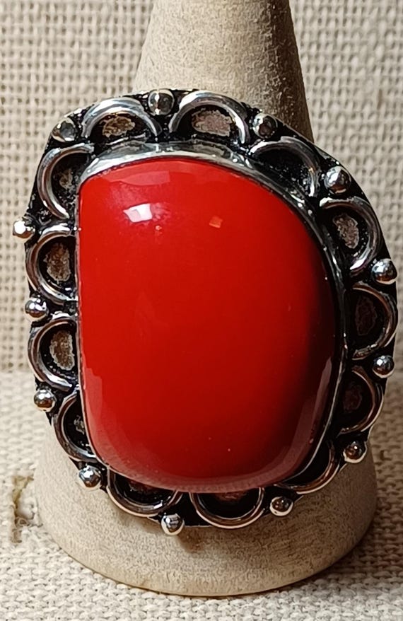 Red Coral Stone Bezel Set And Centered In A Scall… - image 5