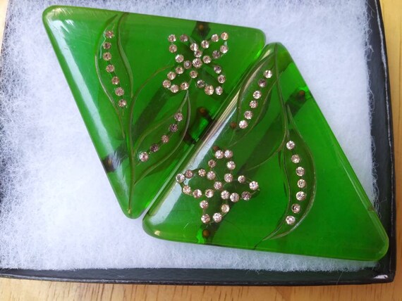 Bakelite Green and Rhinestone Vintage Belt Buckle… - image 1