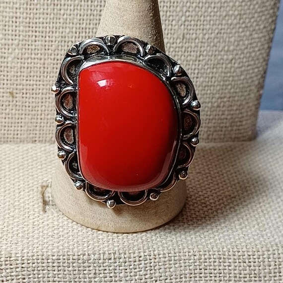Red Coral Stone Bezel Set And Centered In A Scall… - image 2