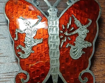 Siam Sterling Silver Butterfly Brooch With Hand Etchings of Dancing Lady Figures On The Deep Red Enameled Wings #525