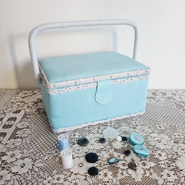 Vintage sky blue fabric sewing box/storage box