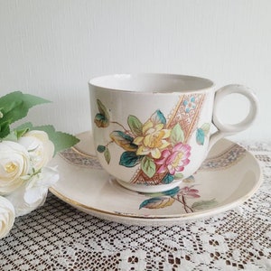Antique aesthetic movement large/oversize breakfast teacup and saucer with floral design