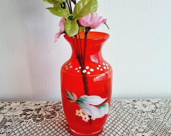 アンティークの手描きボヘミアン風ガラス花瓶（赤色） - Etsy 日本