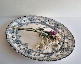 Antique large floral blue and white ceramic platter/serving dish by Keeling and Co
