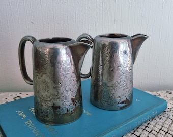 Pair of Antique Silverplate Creamers, Ornate Engraved Small Jugs with Monogram