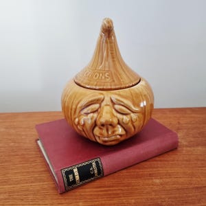 May include: A tan ceramic onion-shaped container with a lid, featuring a crying face design. The lid is inscribed with the word "ONIONS". It rests on a maroon book with gold lettering. A quirky kitchen storage item.