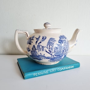 May include: Cream-colored teapot with blue Willow pattern design, including birds, trees, and buildings. The teapot sits on a teal book with the text "PENINNE WAY COMPANION". The teapot has a curved spout and handle.