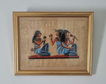 ヴィンテージエジプトパピルス絵画アート、壁掛け、木製フレーム