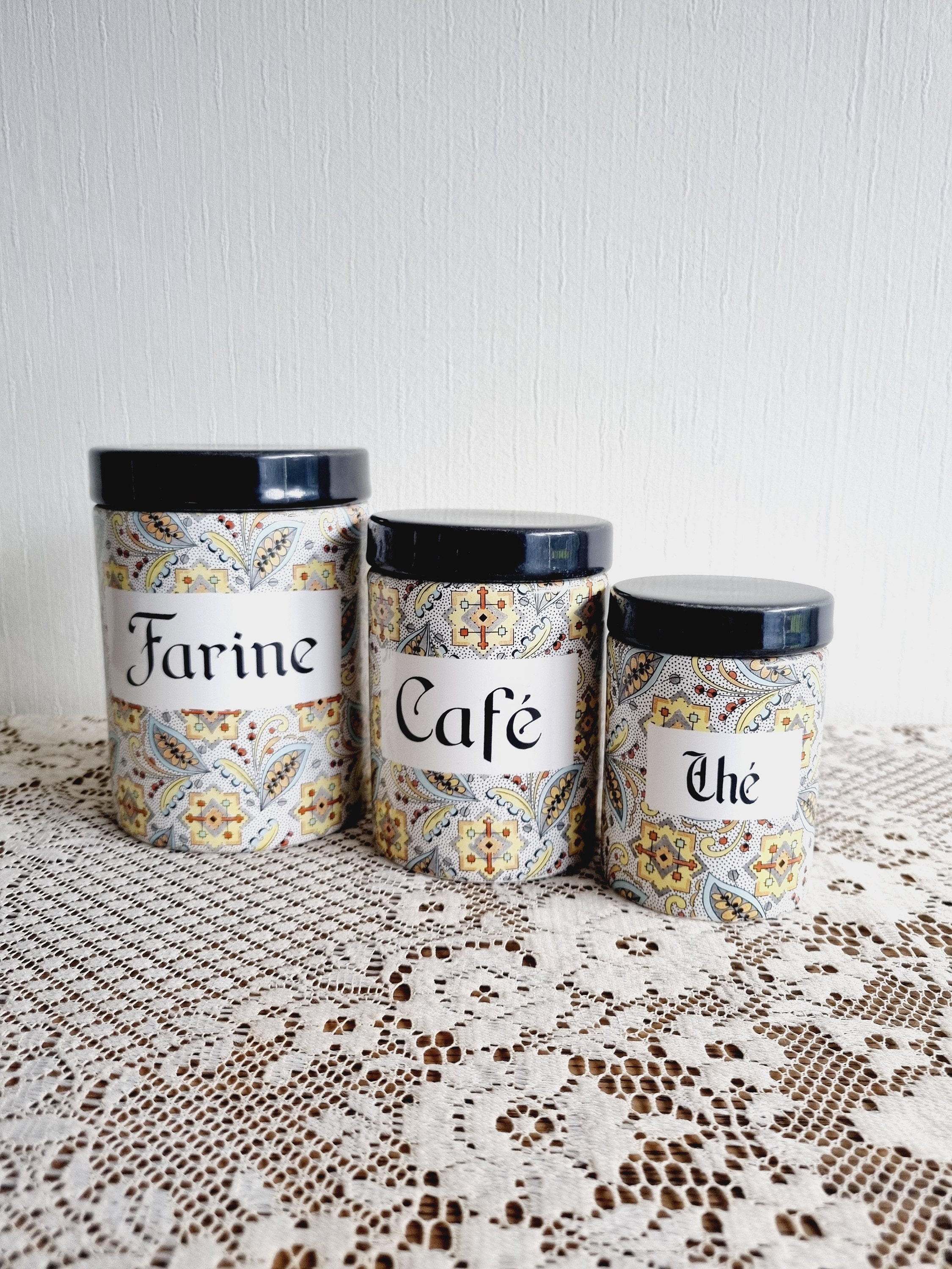 Vintage French Ceramic Canister Set of 3, Tea Coffee and Flour