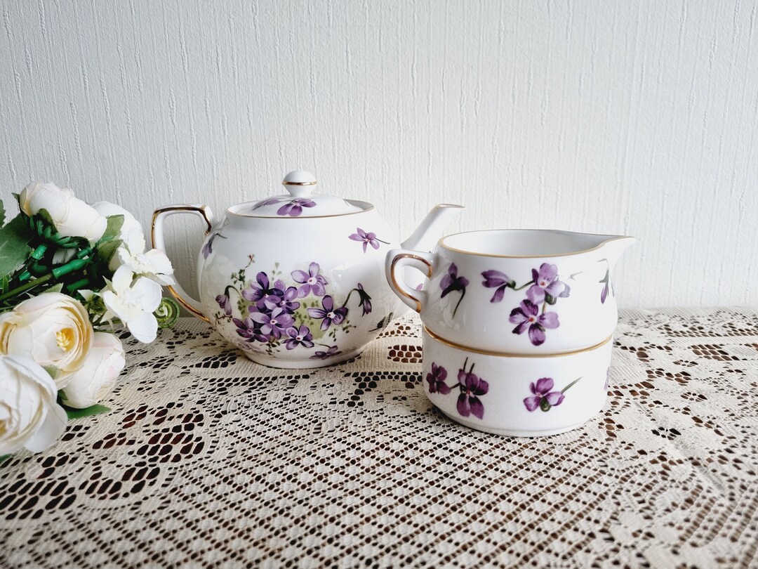 Vintage Hammersley Victorian Violets Small Teapot and Stacking Milk Jug