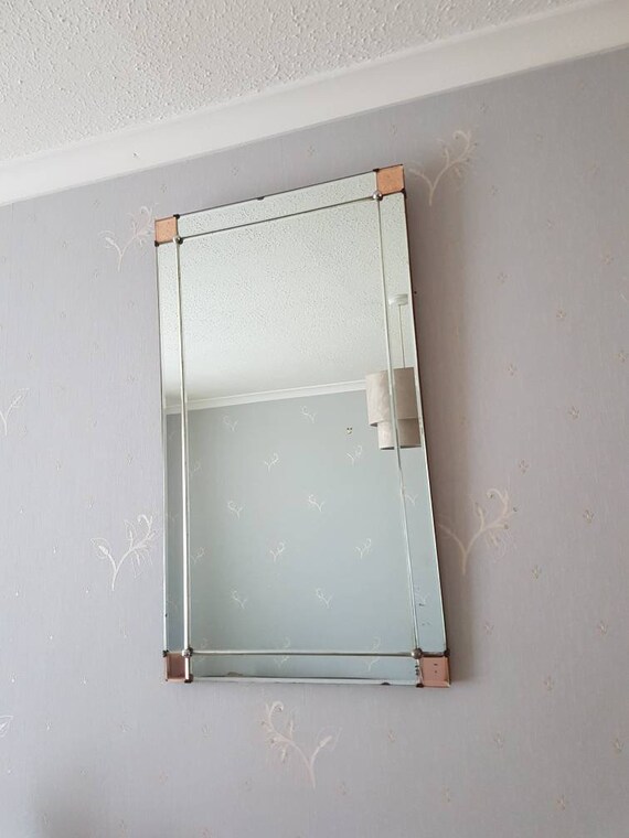 Large Bevelled Edge Frameless Hanging Mirror With Rose Gold Copper Tinted Corner Panels Vintage Antique Hallway Lounge