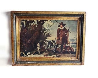 Antiker Druck auf Holzbrett „Winterlandschaft mit einem Jäger“ von Jan Wildens