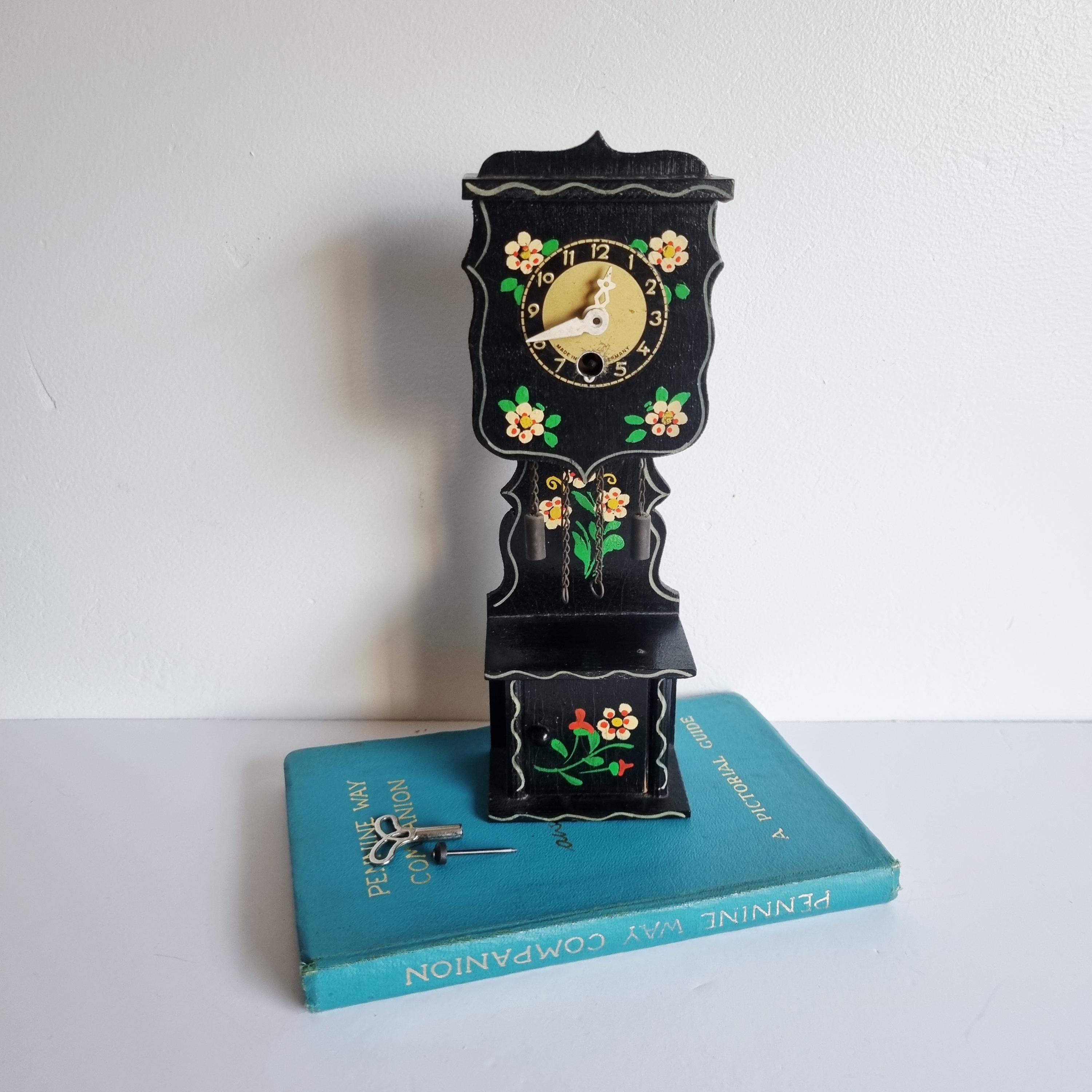 Vintage German Folk Art Minature Grandfather Clock With Winding