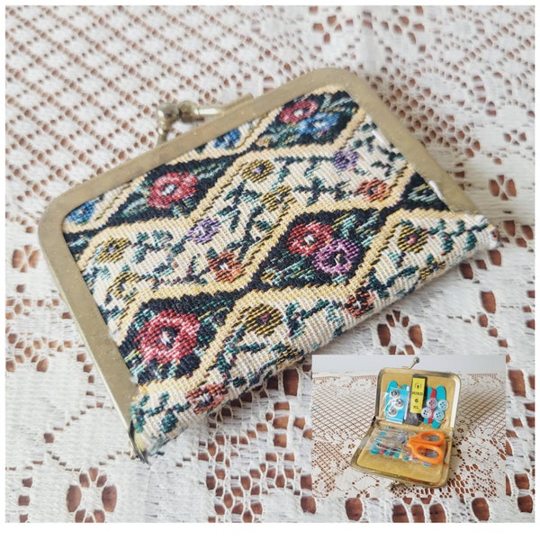 Vintage tapestry sewing kit with original contents