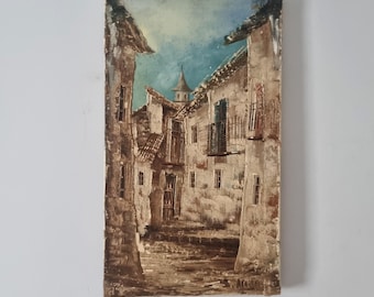Peinture à l&#39;huile vintage originale représentant une scène européenne
