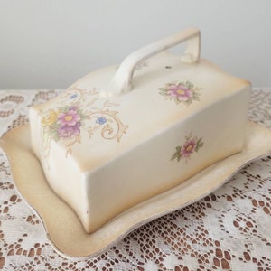 Antique floral ceramic butter dish, cheese dish by Crown Ducal