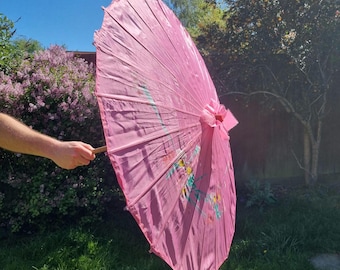 Vintage Chinese pink floral sun parasol