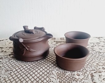 Vintage Japanese Clay Travel Teaset, Small Portable Teapot and Teacups