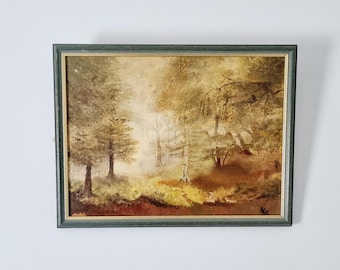 1980年代ヴィンテージ額入り風景油絵 - 秋の木々の風景 - 31 x 25 cm