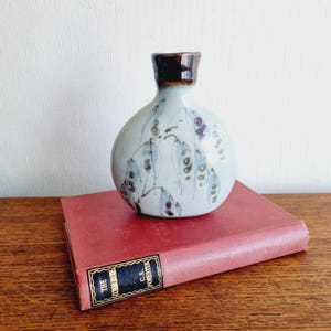 Könnte beinhalten: Eine Keramikvase mit bauchigem Körper und dunkelbraunem Rand. Die Vase ist hellblau mit einem bemalten Design aus blauen und violetten blattartigen Formen. Sie steht auf einem roten Buch mit goldfarbenen Buchstaben.