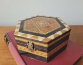 Vintage Spanish Marquetry wooden jewellery trinket box. Handmade wooden inlay box