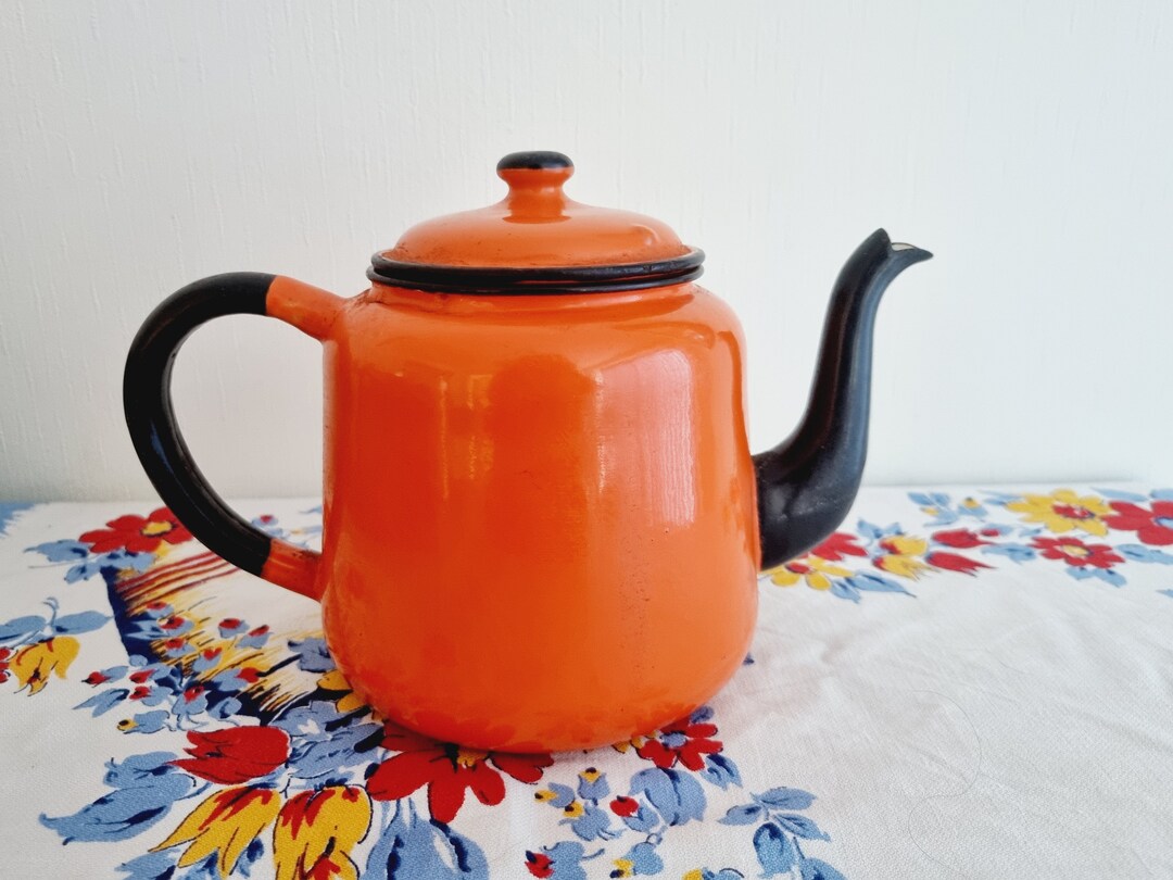 Vintage Large Enamel Teapot in Orange Etsy