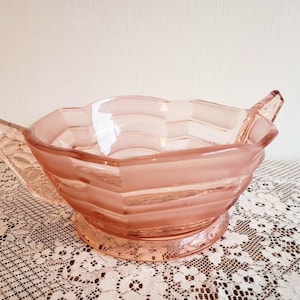 Large pink glass bowl in the art deco style, vintage pressed glass fruit bowl