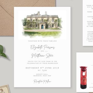 Watercolour Venue Wedding Invitation Custom Watercolour Wedding Invitation Illustrated Venue Wedding Invite Modern Wedding Invite Bespoke