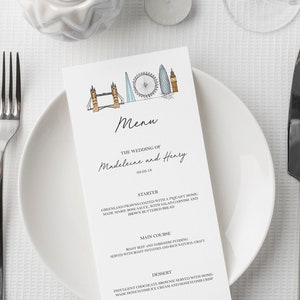 London Hochzeits-Menü London Party-Menü London Themen-Menü Personalisierte Hochzeits-Menü London Hochzeit Tischdekoration London