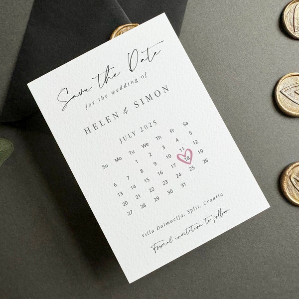 Calendar Save the Date Minimalist Save the Date Modern Save the Date Wedding Save the Date Card Calendar Save the Date Watercolour Heart