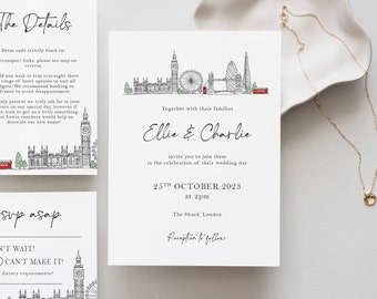 London wedding invitation London themed wedding invite London skyline illustrated London wedding invitation modern wedding invite