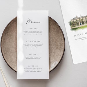 Cartão de menu de casamento em aquarela para local de casamento Menu de casamento personalizado para recepção de casamento Menu de casamento personalizado Cartão de menu de casamento em aquarela