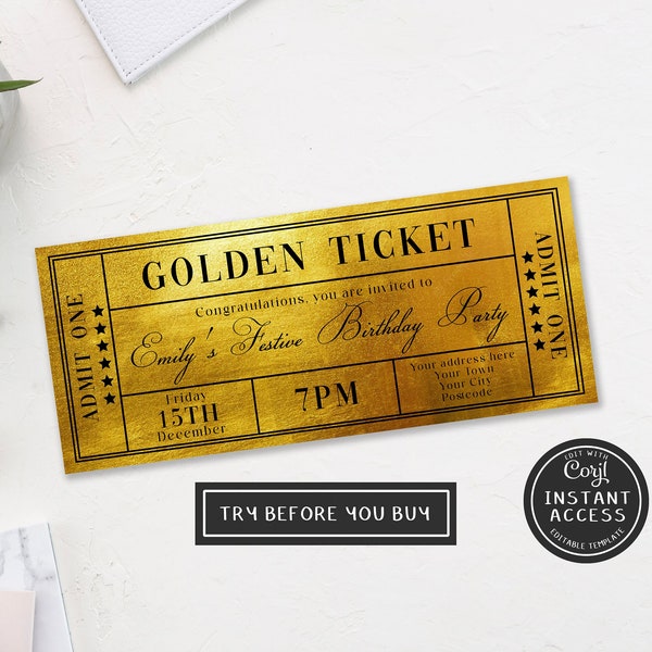 Editable Golden Ticket Party Invitation Template Golden Ticket Party Invite Print at Home Party Invitation Editable Template Golden Ticket