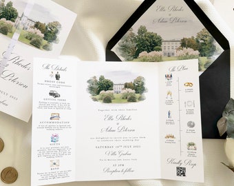 Aangepaste locatie aquarel klaprozen huwelijksuitnodiging gevouwen bruiloft uitnodiging met envelop Gepersonaliseerde trouwlocatie aquarel