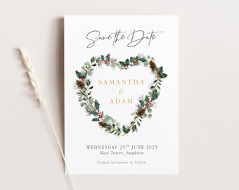 Winter Wedding Save the Date Winter Save the Date Christmas Wedding Save the Date Card Watercolour Winter Foliage Save the Date Gold Heart