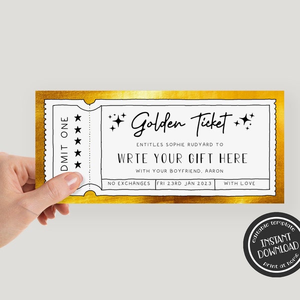 Editable Golden Ticket Gift Voucher Template Printable Golden Ticket Template Custom Golden Ticket Invitation Printable Gold Ticket Birthday