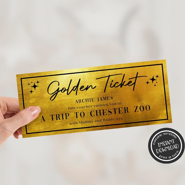 Editable Golden Ticket Template Print at Home Event Ticket Retro Golden Gift Voucher Surprise Ticket Birthday Gift Voucher