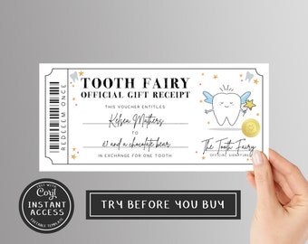 Bewerkbaar Tandenfee-bewijs van Tandenfee-cadeaubon Afdrukbare Tandenfee-cadeaubon bewerkbare sjabloon Tandenfee-brief bewerkbaar