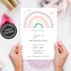 Cute Rainbow Birthday Party Invitation Print at Home Editable Party Invite Template Girl's Birthday Party Invitation Printable image 1