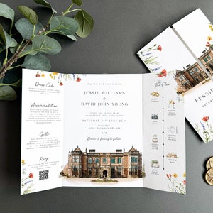 May include: Wedding invitation suite featuring a watercolor illustration of a stately home. The invitation includes the names Jessie Williams & David John Young, date, time, and a wedding day timeline. Floral accents and gold wax seals complete the design.