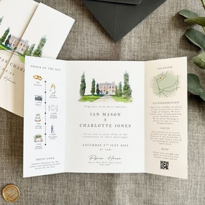 Watercolour Venue Wedding Invitation Modern Gatefold Wedding Invite Gatefold Wedding Invite Venue Watercolour Wedding Invite Gatefold