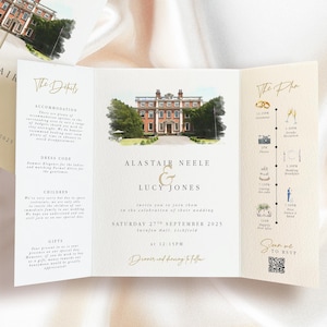 Custom Venue Watercolour Wedding Invitation Gatefold Wedding Invite Watercolour Wedding Venue Illustration Invitation Wedding Venue Painting
