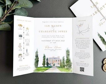 Gepersonaliseerde locatie aquarel gatefold bruiloft uitnodiging gatefold locatie aquarel bruiloft uitnodiging gevouwen uitnodiging aangepaste locatie schilderij