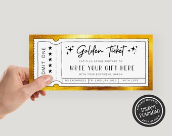 Editable Golden Ticket Gift Voucher Template Printable Golden Ticket Template Custom Golden Ticket Invitation Printable Gold Ticket Birthday