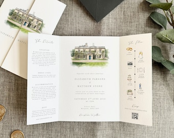 Watercolour Venue Wedding Invitation Modern Gatefold Wedding Invite Gatefold Wedding Invite Venue Watercolour Wedding Invite Gatefold