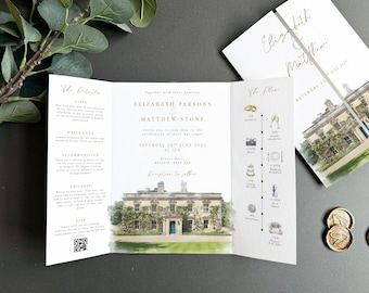 Locatie aquarel gatefold bruiloft uitnodiging gatefold bruiloft uitnodiging locatie schilderij bruiloft uitnodiging aquarel locatie schets bruiloft uitnodiging
