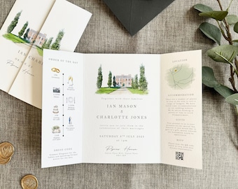 Watercolour Venue Wedding Invitation Modern Gatefold Wedding Invite Gatefold Wedding Invite Venue Watercolour Wedding Invite Gatefold