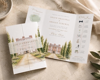 Venue Watercolour Gatefold Wedding Invitation With Belly Band Vellum Venue Painting Wedding Invite Folded Wedding Invitation With Envelope