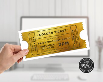Editable Golden Ticket Birthday Invitation Template, Printable Party Invite